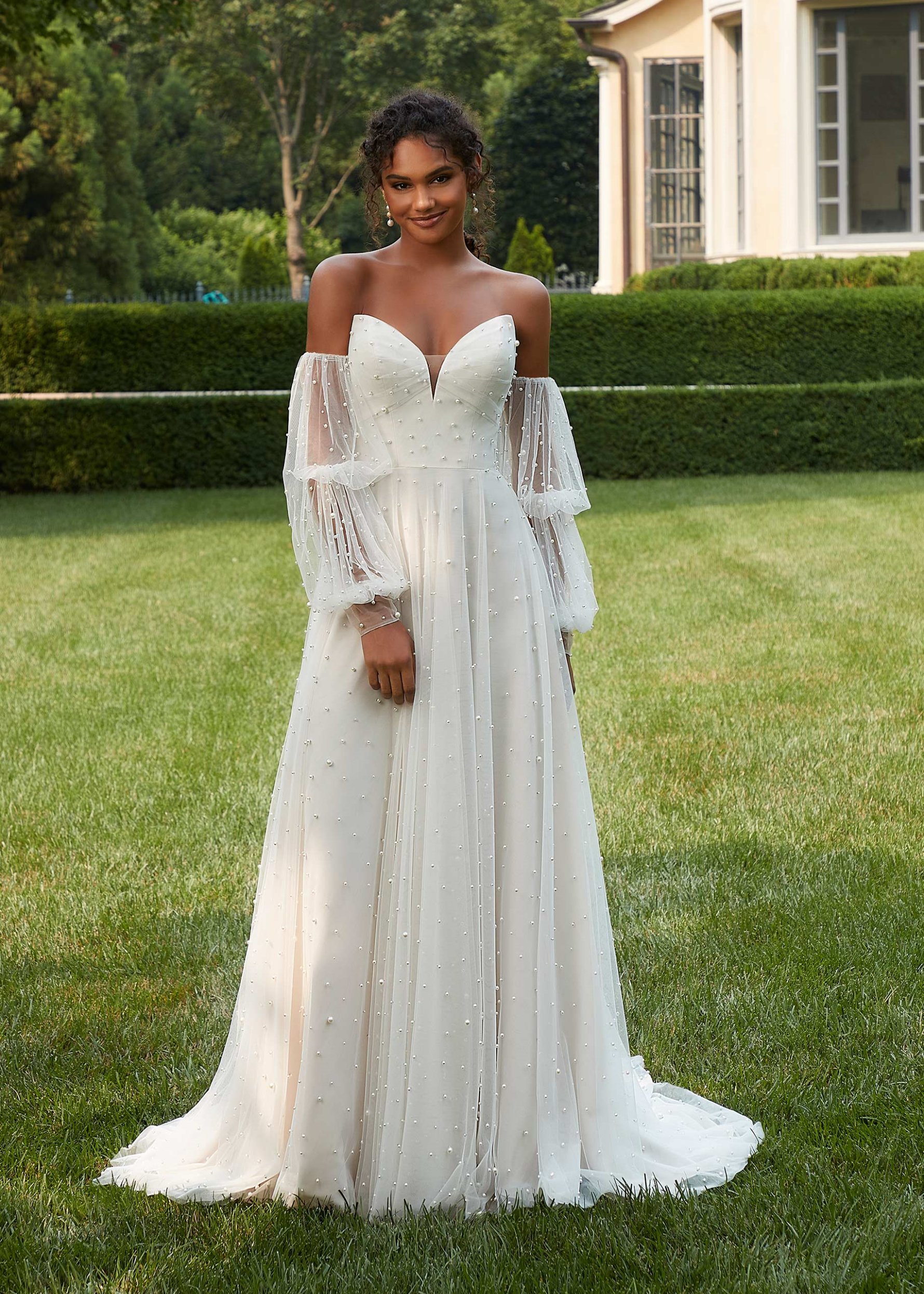 A-line Ivory Pearl Beaded Tulle Keyhole Back Graceful Wedding Dress